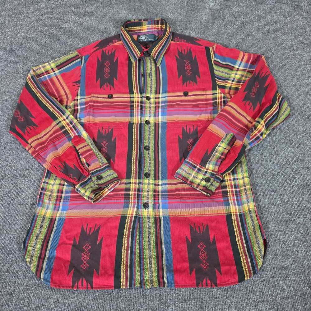 Polo Ralph Lauren Mens Medium Red Southwestern Aztec Plaid Woven Cotton Shirt